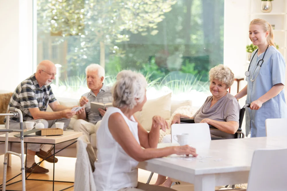 Senior residents socializing together in a retirement community